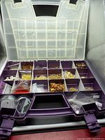 Overall view of organizer case open showing compartmentalized tray and assorted bead contents