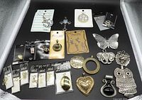 Overview of all pendants, carded findings and bead sorter tray
