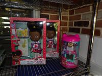 Group shot showing two Ada Twist Scientist dolls and Got 2 Glow Fairy Pet Finder on metal shelf