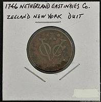 Obverse of 1746 VOC Zeeland duit showing VOC monogram and date