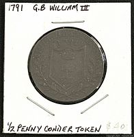 Obverse view of 1791 copper halfpenny Conder token in 2x2 flip showing shield, wreath, date