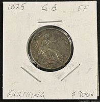 Reverse view of 1825 farthing showing Britannia and date