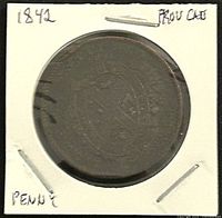 Obverse of 1842 Province of Canada penny token in holder