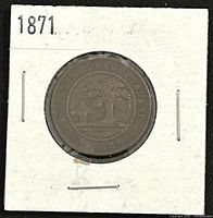 Reverse of 1871 PEI large cent showing oak tree design in holder