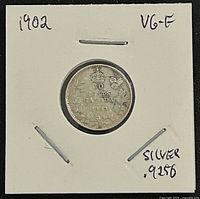 Reverse side of 1902 silver 10 cents coin in 2×2 holder