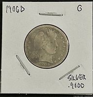 Obverse of 1906-D Barber Quarter in holder showing date and grade