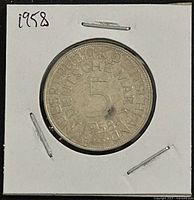 Obverse of 1958 5 Mark coin in 2x2 holder