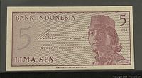Obverse of 1964 Bank Indonesia five sen note showing portrait and denomination