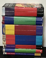 Spine view of all seven Harry Potter novels stacked
