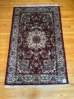 Full view of rug showing overall pattern, colors, fringe, and scale