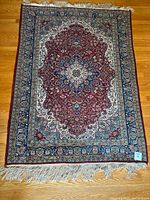 Full view of rug showing overall design, colors, and fringe