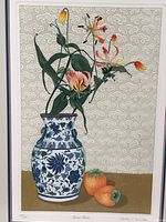 close view of etching showing vase, flowers, persimmons