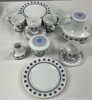 Full set laid out including plates, cups, saucers, pot, creamer, sugar bowl, case