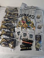 Entire lot laid out including T-shirt, face masks, phone rings, wristbands, card accessories and lanyard