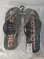 Flip-flops in sealed packaging showing overall appearance and branding