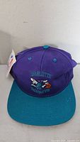 Front of cap showing embroidered Charlotte Hornets logo and teal brim