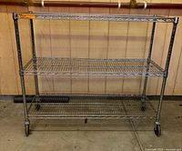 Full view of chrome wire rack showing three shelves and casters