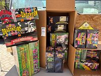 Group of sealed Power Rangers toy boxes in and around a cardboard carton