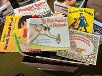 Top view of several children’s books such as Freight Train, Katy No-Pocket, In the Small Small Pond, The Right Number of Elephants