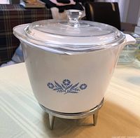 Side view of saucepan showing Cornflower pattern and lid