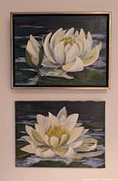 Both paintings displayed vertically, showing framed top canvas and unframed bottom canvas