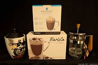 All items: ceramic canister, Barista mug set box, Grosche mug box, MasterClass French press