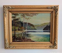 Full view of framed oil landscape painting