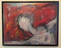 Frontal view of framed abstract oil painting
