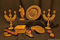 Group shot showing all Ukrainian carved wood and leather items