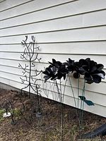 Group shot of tree, flower stems and fern leaves against siding