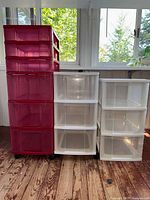 front view of all three drawer units showing colors, drawer counts and casters