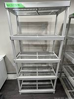 Full view of white plastic five-tier shelving unit