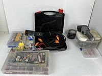 Overview of lot including organizers, testers, tape, solder, thermometer