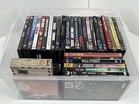 Top view of tote showing rows of DVD spines
