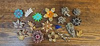 All brooches laid out in two rows on wooden surface
