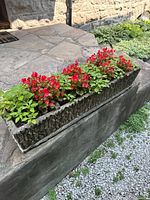 Full view of long cement planter with flowers inside