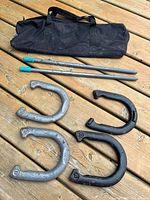 Full set laid out: carry bag, two stakes, four horseshoes