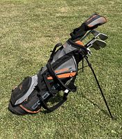 Full view of bag standing on grass with clubs inserted