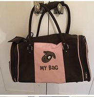 Front view of duffel bag showing color scheme, graphic, handles and end compartment zippers