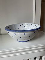 Side view of white bowl with blue polka dots and rim