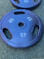 Top view of both 45 lb plates showing markings and grip handles