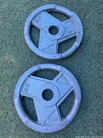 Top view of both 25 lb Olympic cast iron plates on turf