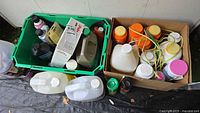 Green tote and cardboard box with various chemical containers