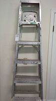 Full view of aluminum step ladder showing height and top platform