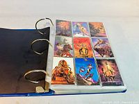 Binder open showing nine-pocket page with fantasy artwork cards