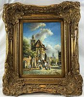 Frontal view of framed oil painting showing full artwork and ornate frame