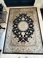 Full view of rectangular Persian style rug showing overall pattern and colors