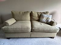 Front view of pale green loveseat with striped pillow showing overall condition and style