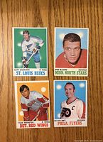 Front view of four 1970-71 O-Pee-Chee hockey cards