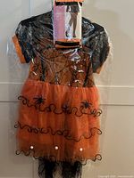 Costume set in original plastic packaging showing dress, cape and leggings insert card